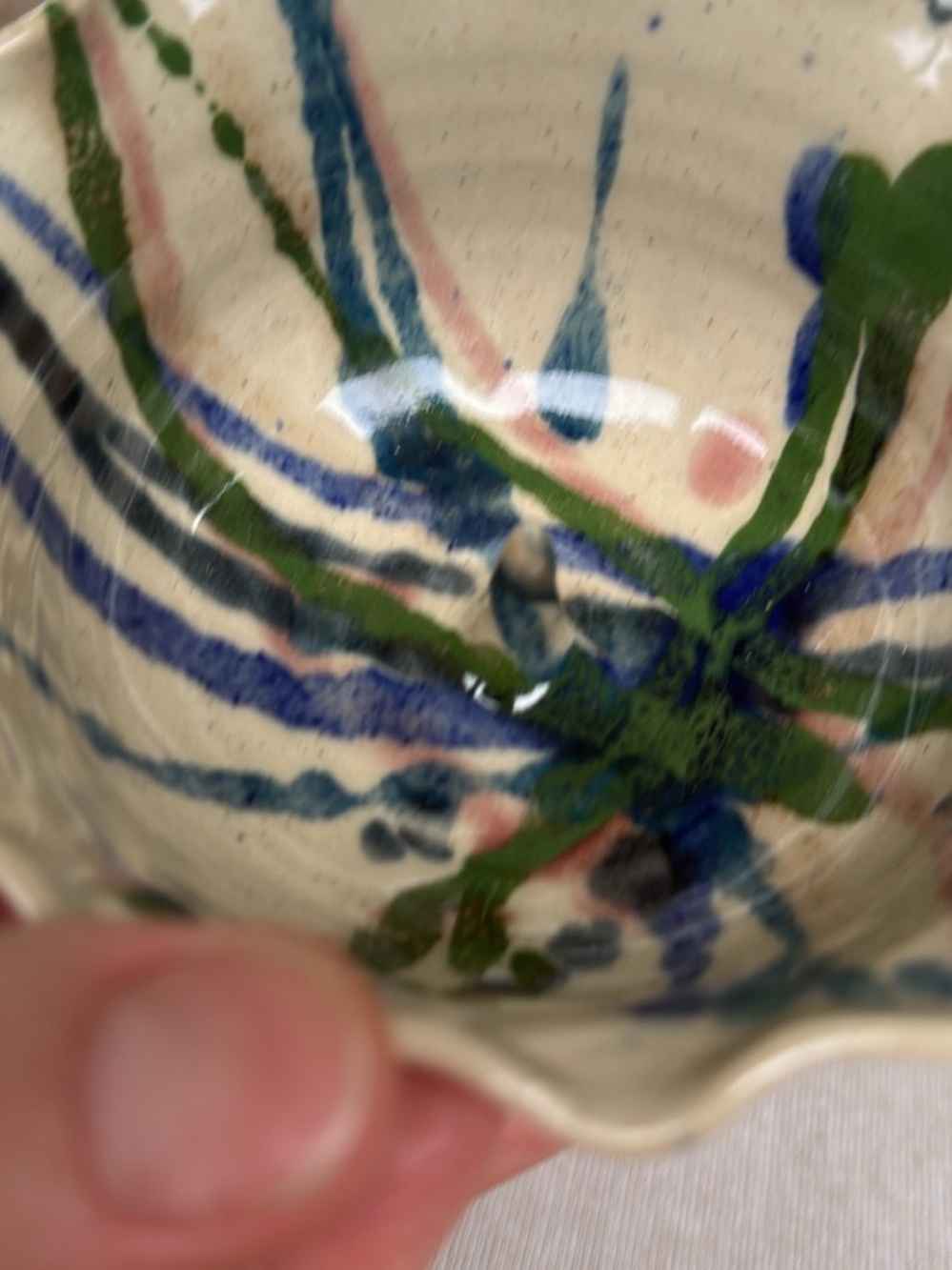 Pottery Barn handmade Multicolor Hand-Painted Ceramic Bowl — Blue, Green, Pink
